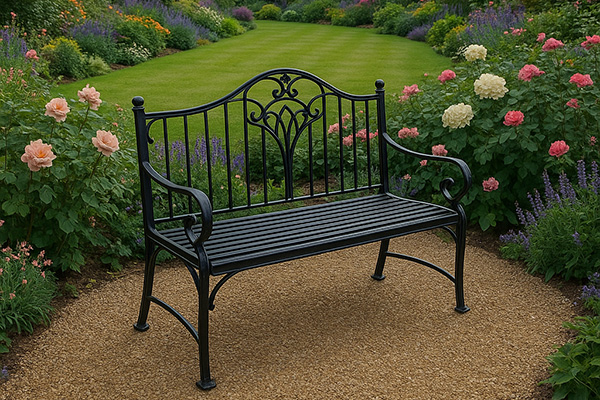 Black metal bench in a garden