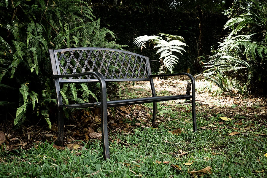 Metal bench with forest background